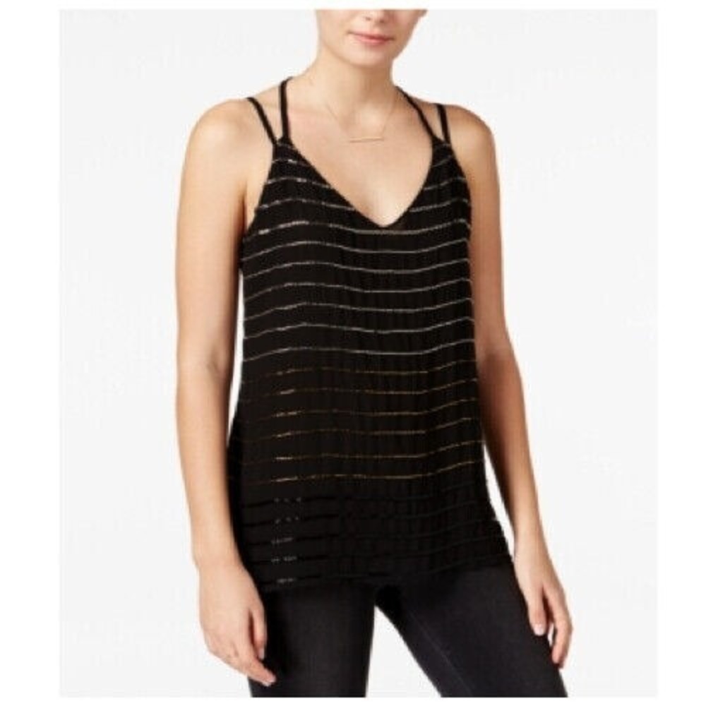 NWT Bar III Black Gold Bead-Striped Double-Strap Top Chiffon Overlay Cami Tank S